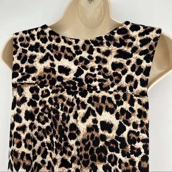 Beacon leopard gathered surplice wrap sleeveless flounce brown cream tank top. - Picture 7 of 9